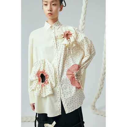 Flower Hollow-Drawstring Pink Shirt