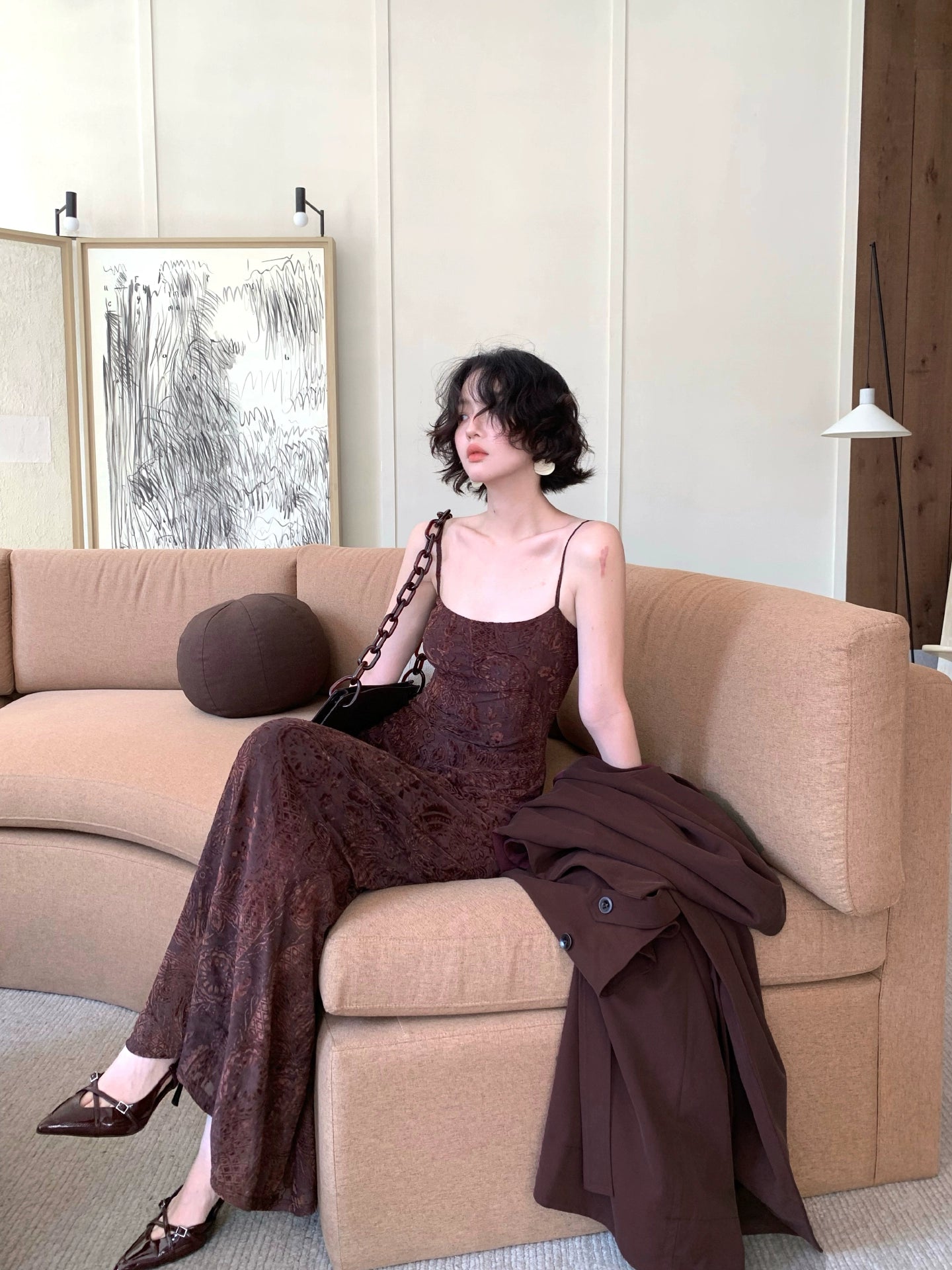 Amber Pine Forest Stretch Velvet Mesh Slip Dress – Hong Kong Retro Autumn