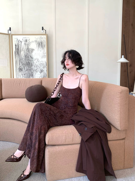 Amber Pine Forest Stretch Velvet Mesh Slip Dress – Hong Kong Retro Autumn