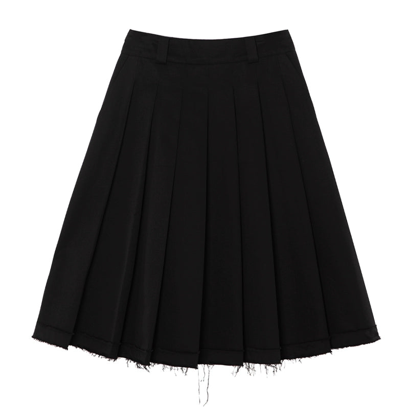 Black: Raw Edge High Waist Pleated Skirt