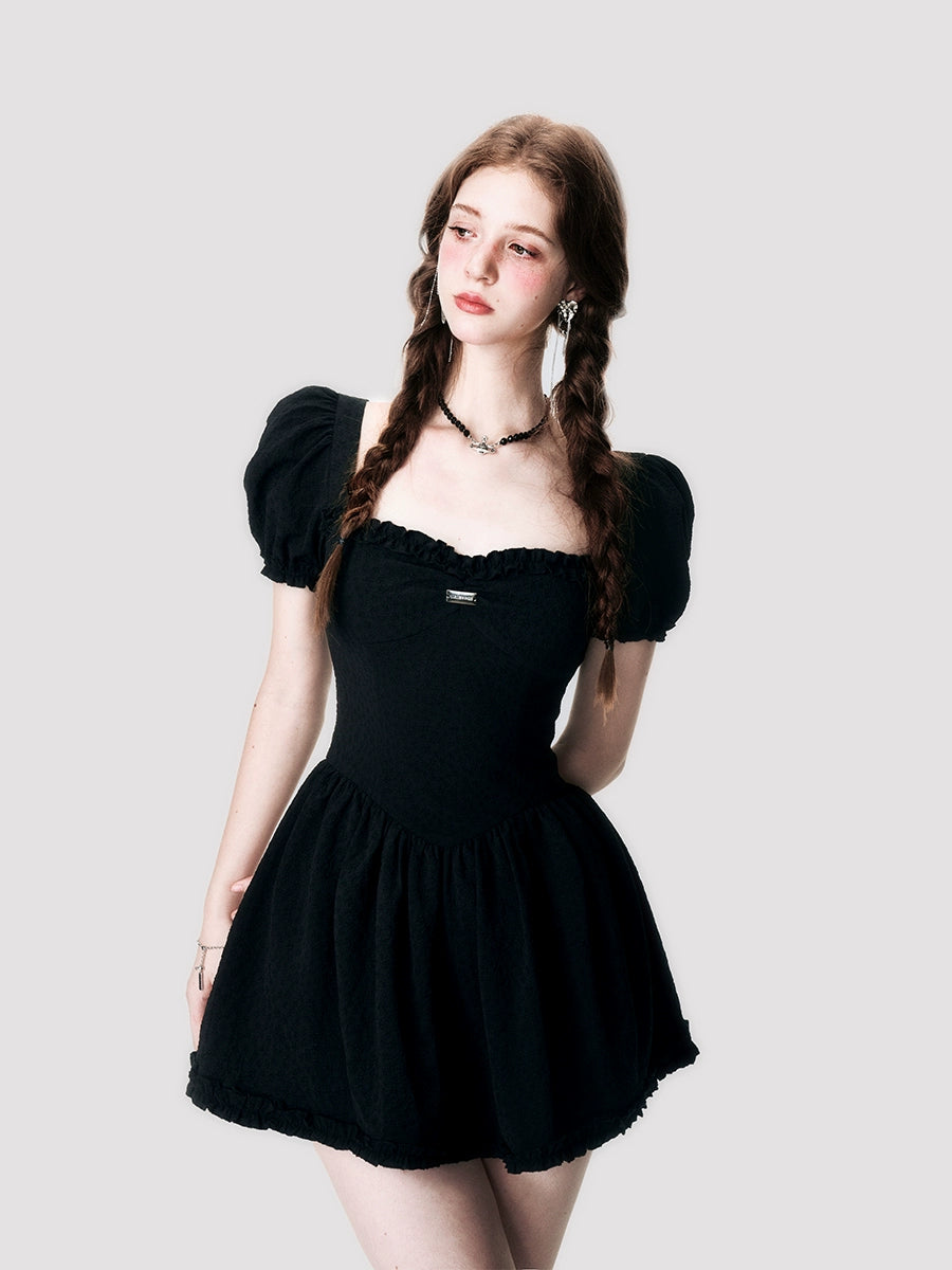 French Black Bubble Sleeve Dress