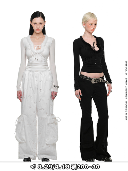 Raw Edge Panel V-Neck Knit Top – Slim Long Sleeve Base Layer