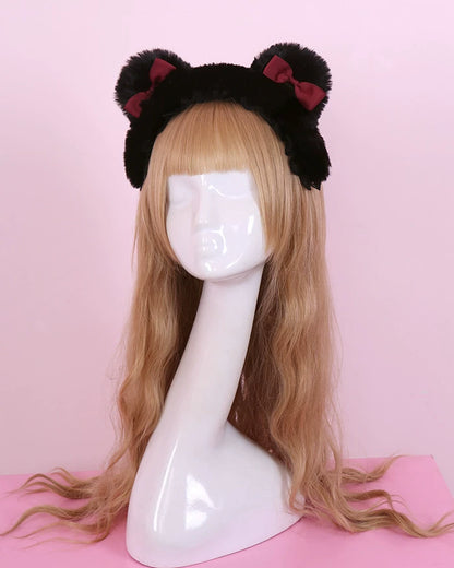 S388 Lolita Winter Furry Bear Bow Headband