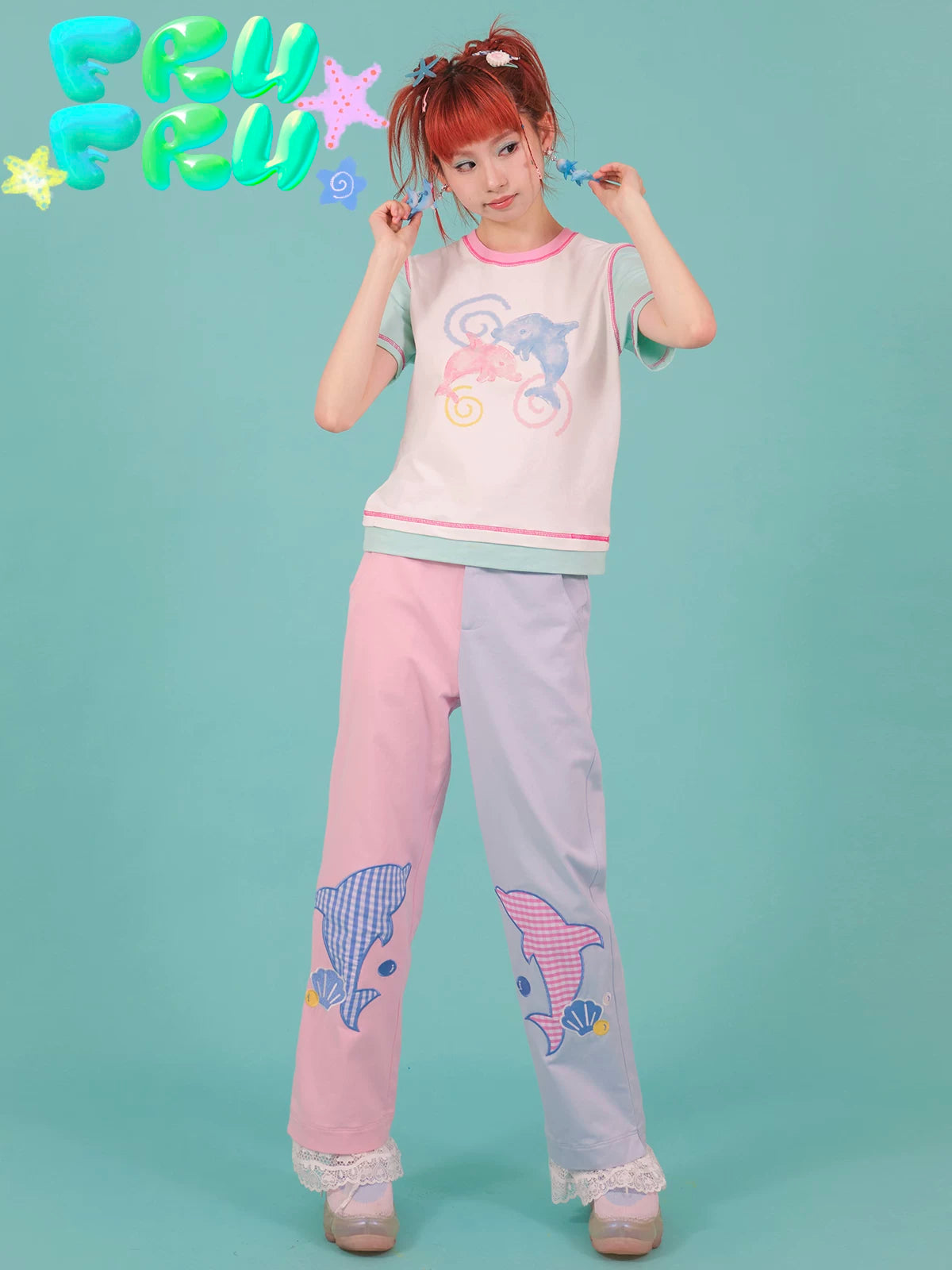 Gollum Store Original Cute Summer Girl Pink Blue Color-Block Dolphin Lace Casual Loose Long Pants