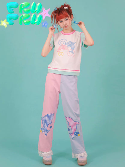 Gollum Store Original Cute Summer Girl Pink Blue Color-Block Dolphin Lace Casual Loose Long Pants