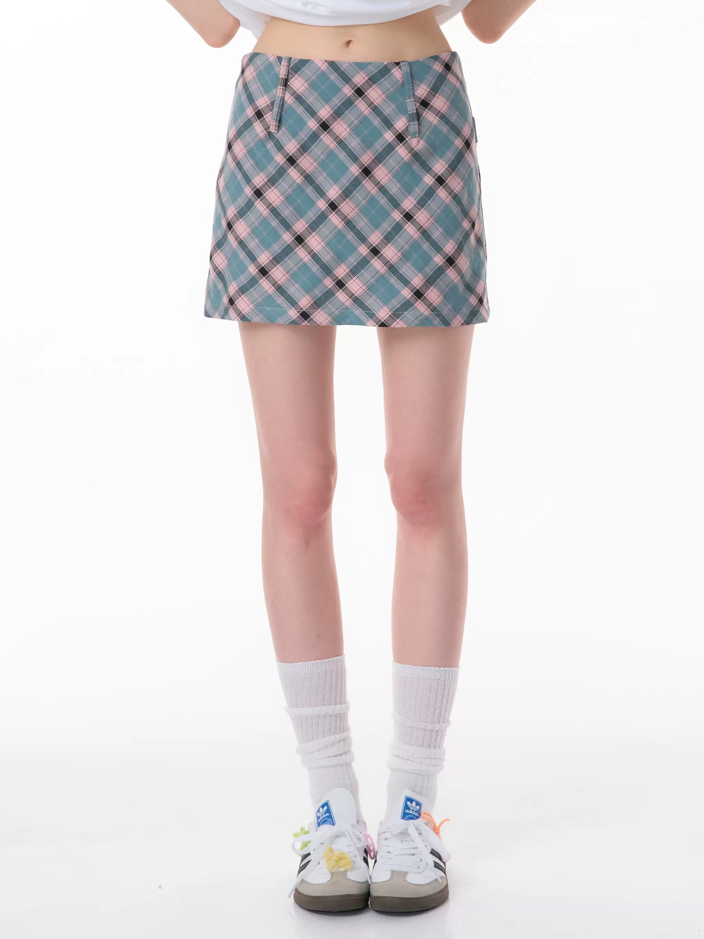 Pink & Blue Plaid A-Line Skirt | Retro High Waist Slim Fit for Summer