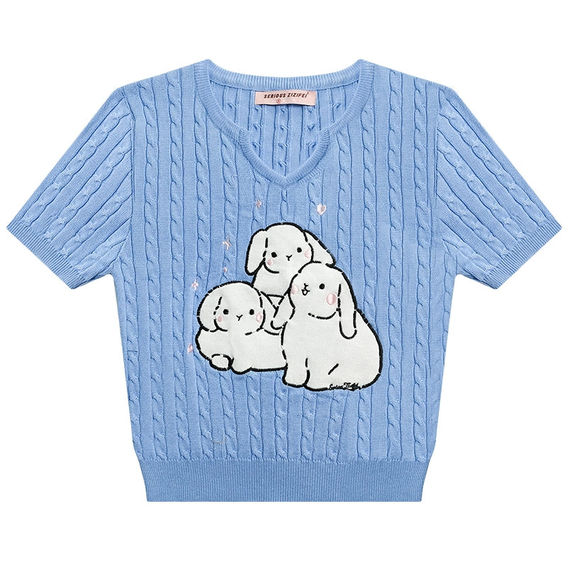 Haut en tricot torsadé brodé de lapin | Coupe slim, petit col en V pour l’été