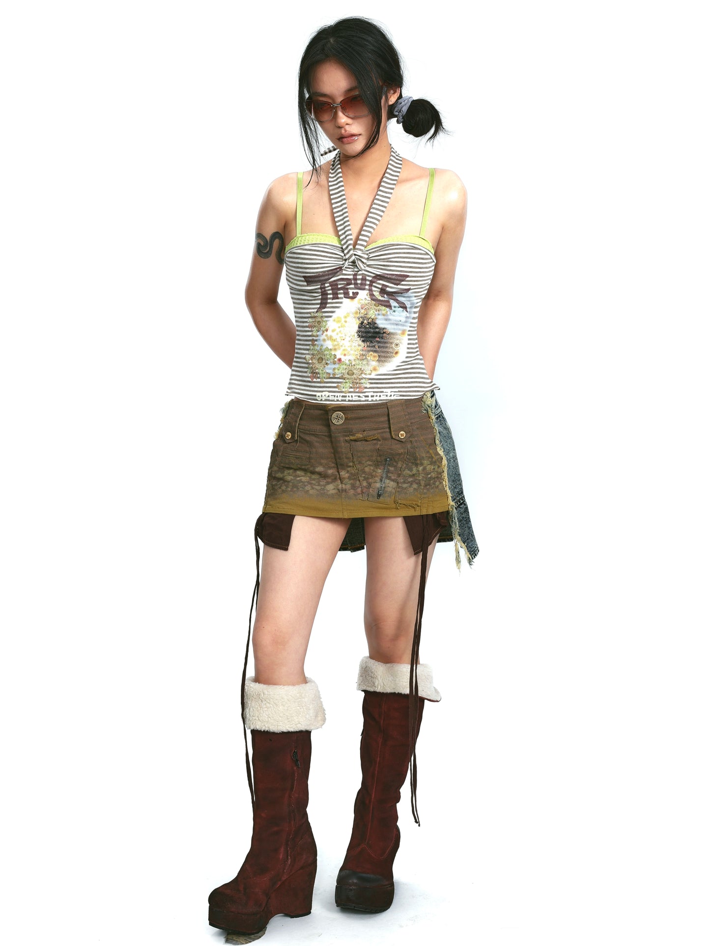 Denim Print Raw Edge Skirt – Tinted Washed Look