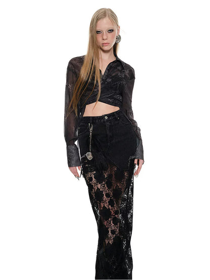 Denim Tie-Print Chiffon Long Shirt – Lightweight & Flowy Design