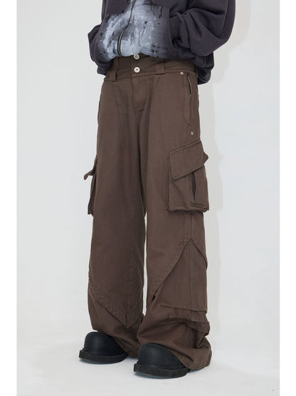Pantalones de doble cintura con estructura de dobladillo irregular, pantalones de trabajo apilados tridimensionales, pantalones de piernas abiertas retro estadounidenses