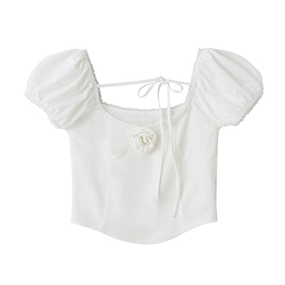 White Rose Desire - Top de punto con mangas de burbujas