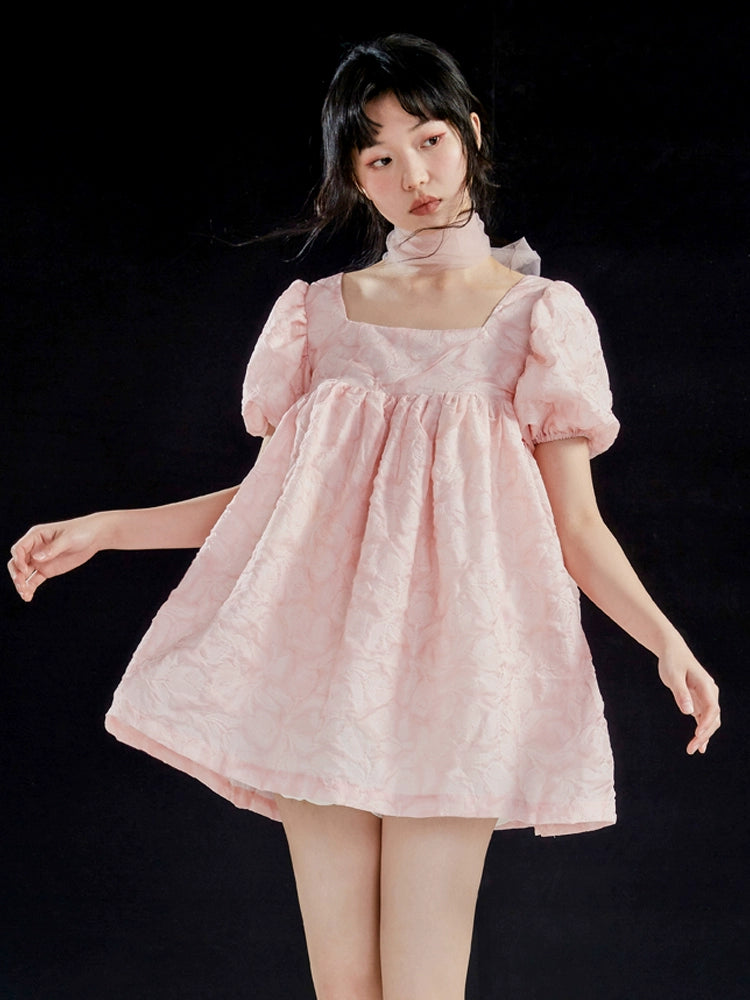 Original Pink Tulip Texture Bubble Sleeve Doll Dress