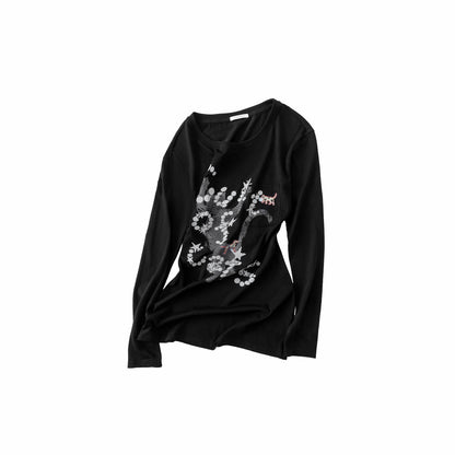 Cat Print Cut-Out Long Sleeve Top
