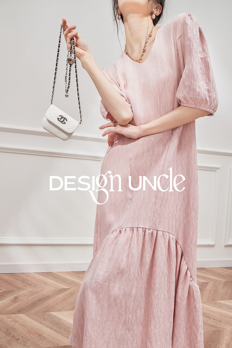 Elegant Pink French Goddess V-Neck Dress