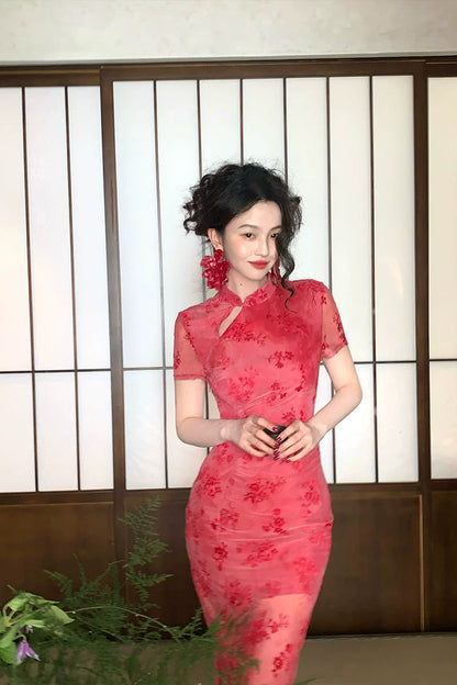 Mesh Floral Slim Cheongsam Dress