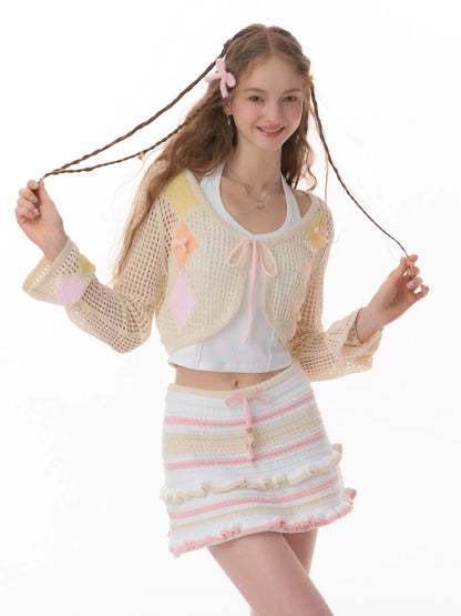 Bow Short Sleeve Hollow Knit Cardigan | Lightweight American Design for Summer