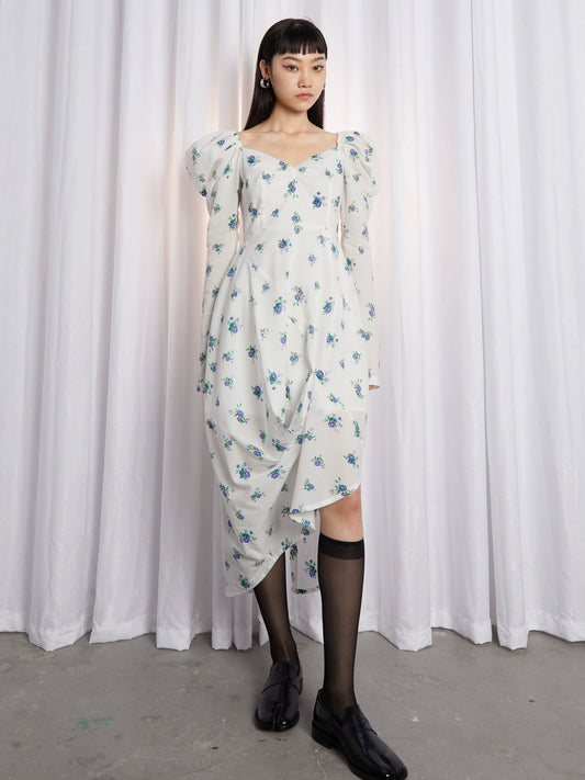 French Vertical Cut Bubble Long Sleeved Cotton Dress