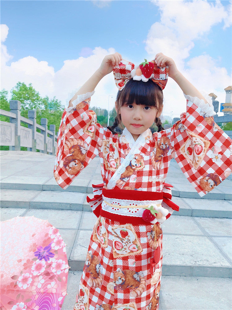 Children's Red Panda Picnic Kimono Dress