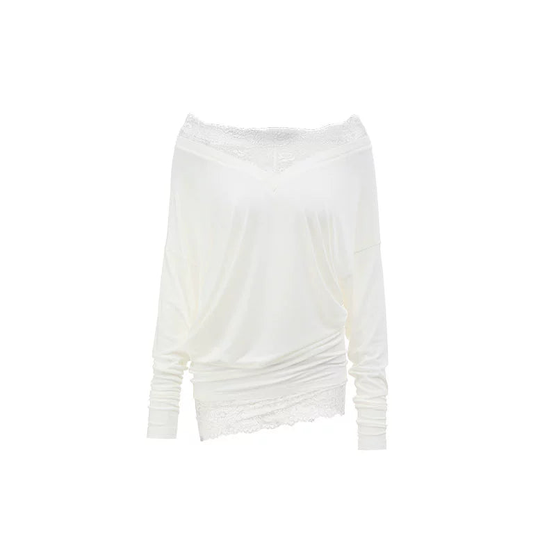 V-Neck Faux Two-Piece Lace Blouse – Loose Midi Cover-Up Top