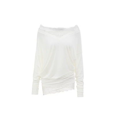 V-Neck Faux Two-Piece Lace Blouse – Loose Midi Cover-Up Top