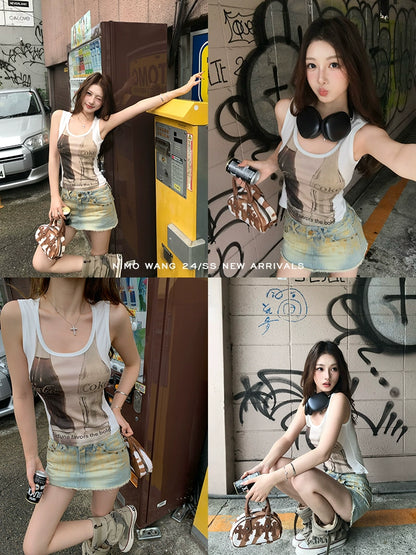 [Everything Cola] White Printed Slim Fit Vest - Women's Summer American Style