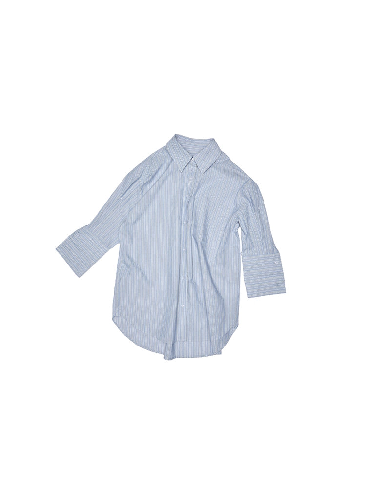 Loose Dropped-Shoulder Shirt Jacket with Striped Double-Bubble Shorts Set