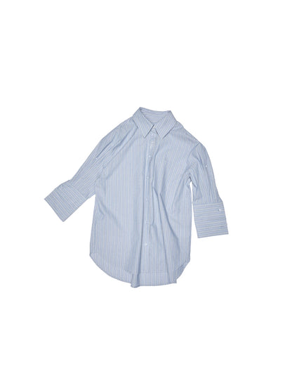 Loose Dropped-Shoulder Shirt Jacket with Striped Double-Bubble Shorts Set