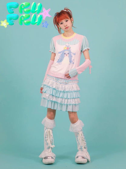 Gollum Store Original Cute Girl Summer Y2K Powder Blue Colorblock Puppy Print Pure Cotton T-Shirt