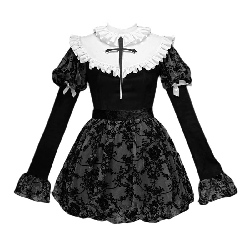 Gothic Dark Mesh Bubble Sleeve Dress