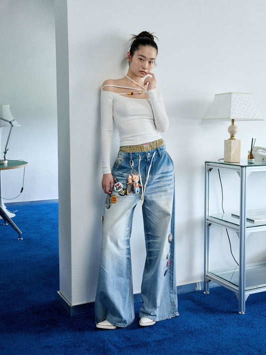 Light Blue Mud-Dyed Badge Wide-Leg Jeans – Vintage Scratched Wash Denim