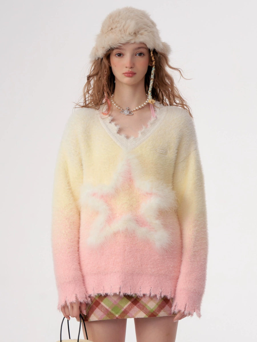 Autumn/Winter Essential | Gradient Star Pattern Mohair V-Neck Sweater