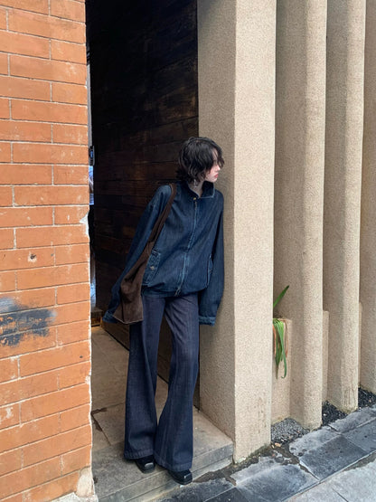 Wine afternoon Hong Kong style retro 2025 autumn new lapel zipper denim clothes with loose temperament short denim jacket for women