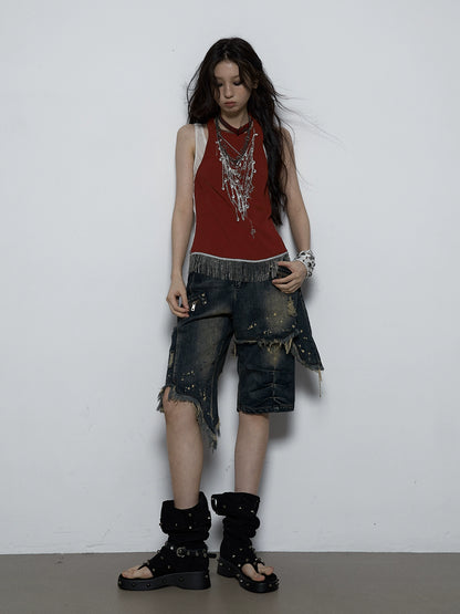 Chain Tassel Tank Top | Rebellious Punk Fake Two-Piece Design