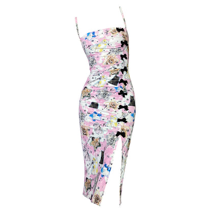 LOVE ME Cat Print Split Skinny Dress