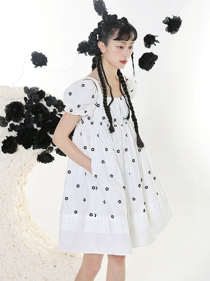 Black Embroidered Doll Dress - Square Neck Bubble Sleeve