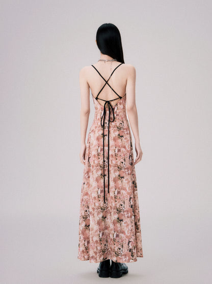 Apricot Pink Floral Swing Neck Backless Date Slip Dress