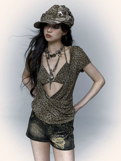 Camiseta con capucha de leopardo de malla metálica |