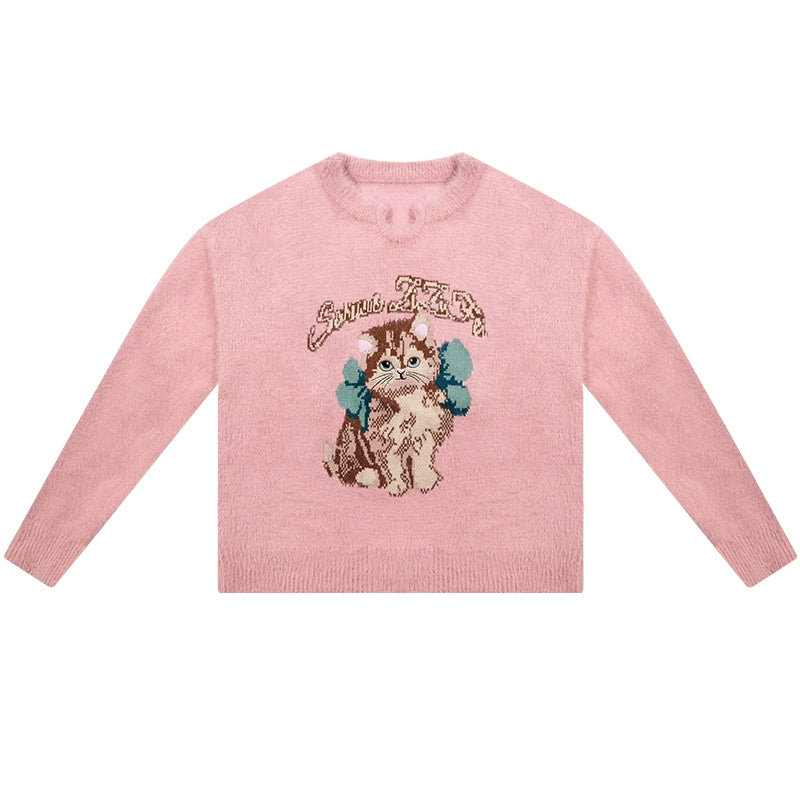 Pink Cat Sweater | Warm Soft Lazy Style for Autumn/Winter