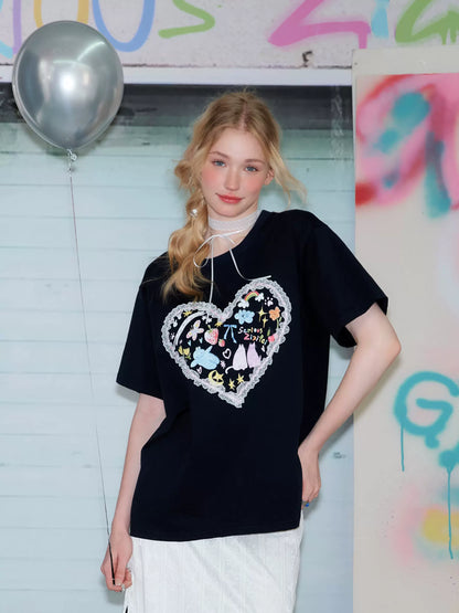 Love Graffiti Printed T-shirt | Loose Round Neck Retro Design for Summer