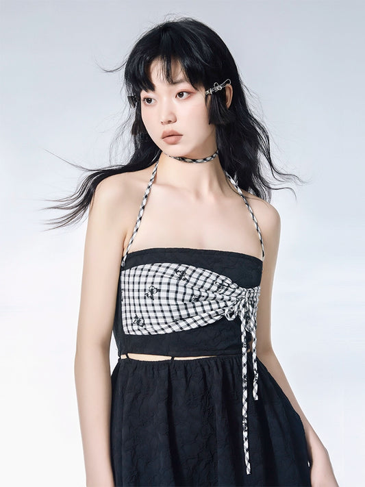 Black Butterfly Plaid Bra Detachable Dress