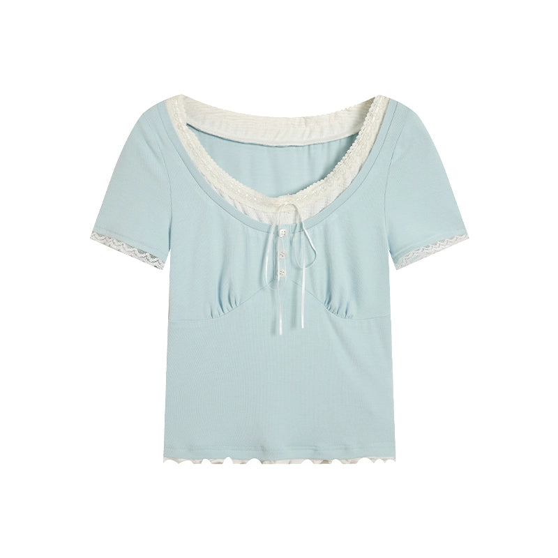 [Miss Hilton] Lace Ribbon Tie T-Shirt - Chic Layered Style