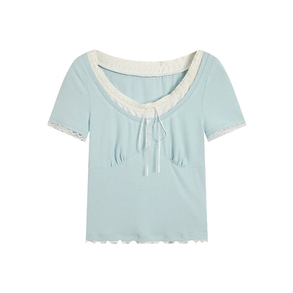 [Miss Hilton] Lace Ribbon Tie T-Shirt - Chic Layered Style