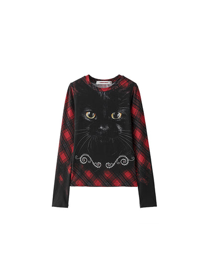 Cat Print Slim Long Sleeve Tee – Fall/Winter Base Layer Top