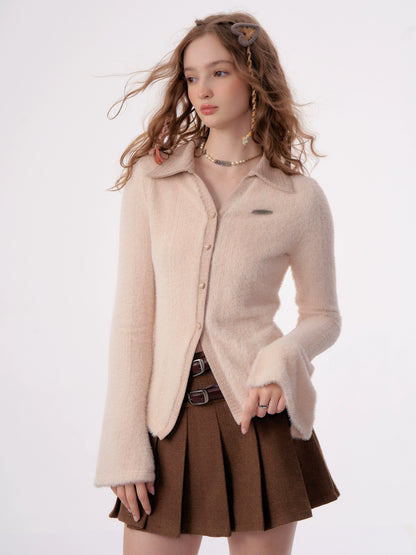 Cardigan à manches longues à col polo | Haut rétro tricoté poilu pour femmes pour l'automne/hiver