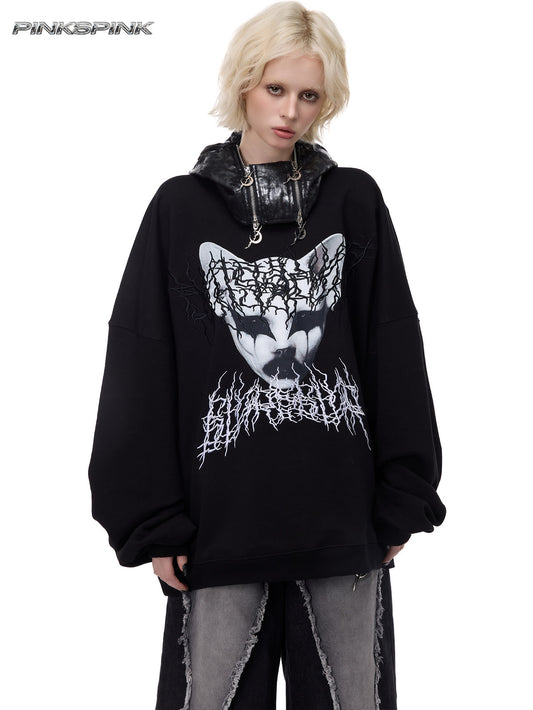 Cat-Themed Black Metal Thorn Embroidered Y2K Sweatshirt