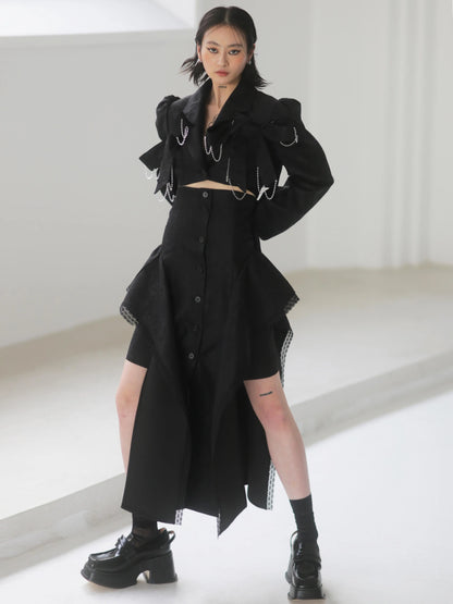 Big Bow Crystal Chain Dark Jacquard Coat