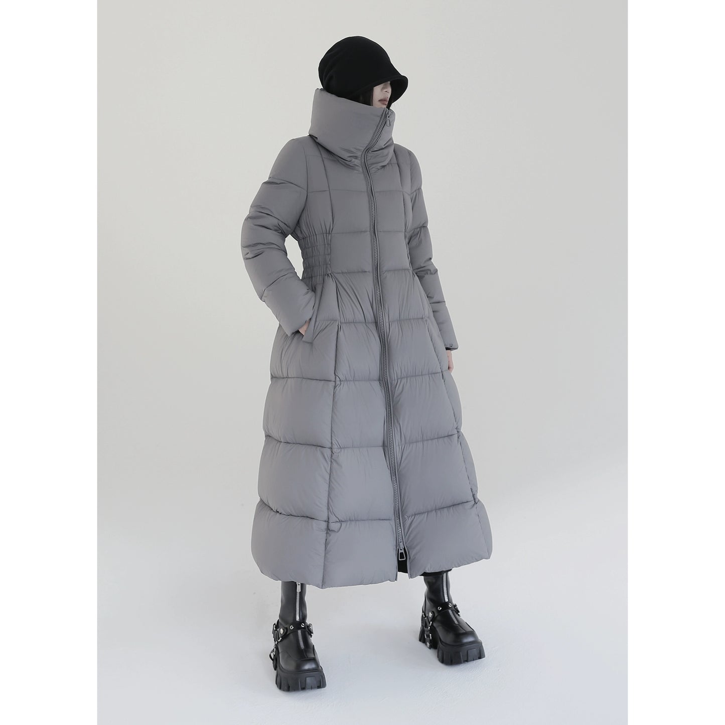 Over-The-Knee White Goose Down Jacket with Waist Design