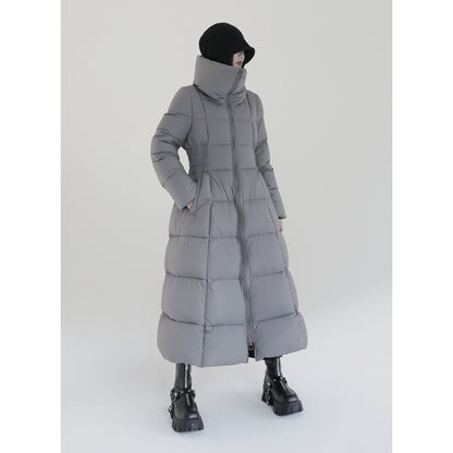 Over-The-Knee White Goose Down Jacket with Waist Design