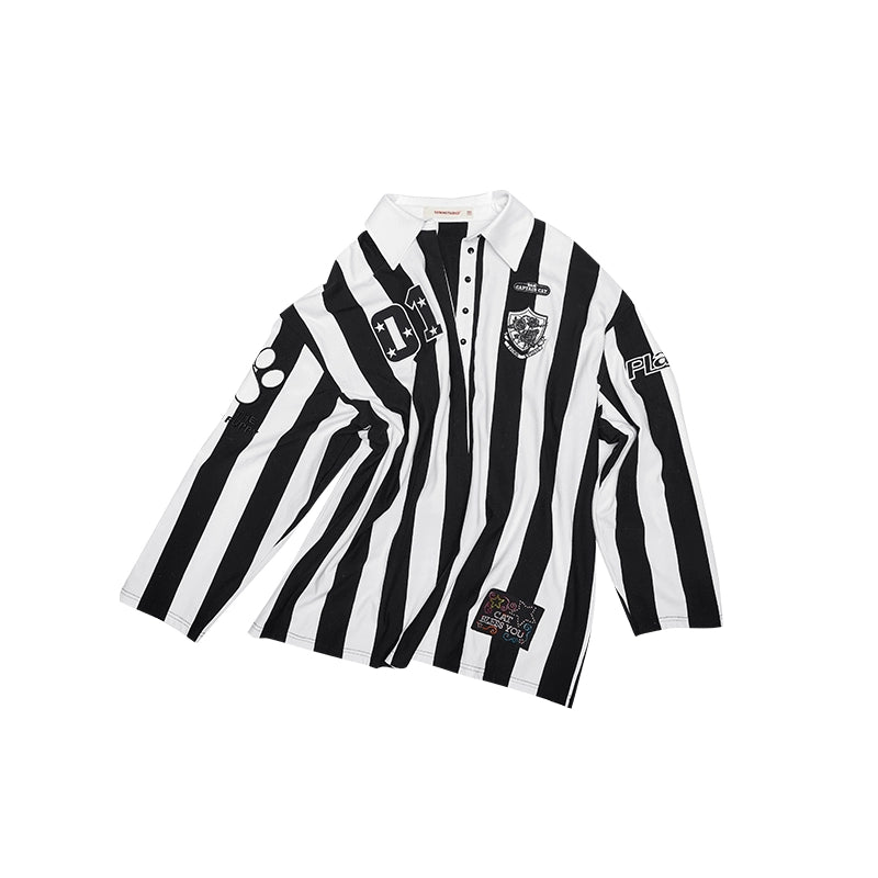 Black & White Polo Collar Jersey Shirt Jacket – Loose Fit Long Sleeve Top