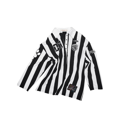 Black & White Polo Collar Jersey Shirt Jacket – Loose Fit Long Sleeve Top
